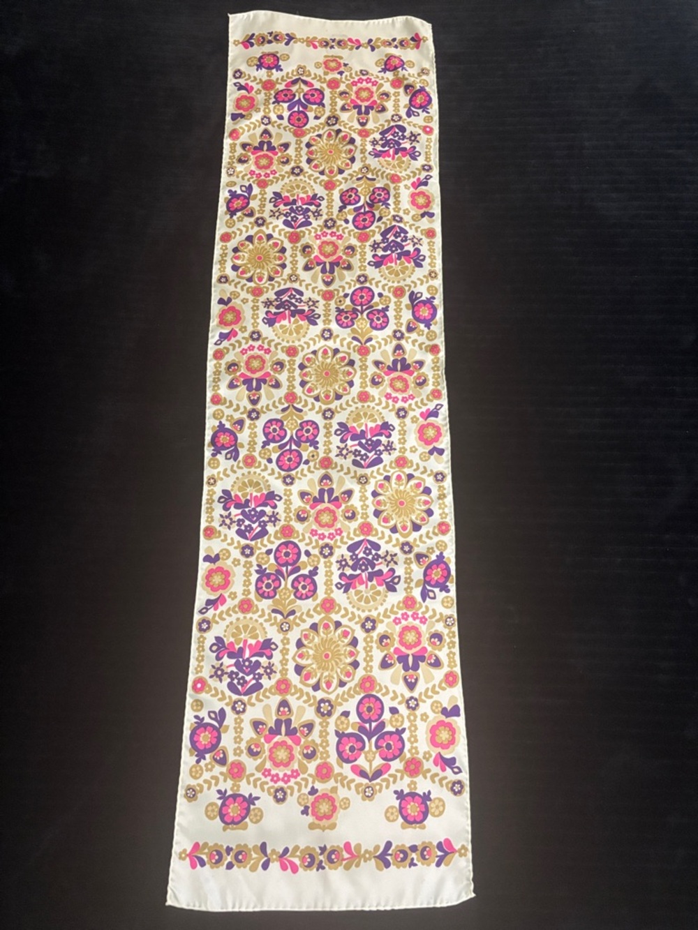 Floral Pattern Satin like Scarf in Pink, Purple, Cream & Gold 11.5” x 45.5”